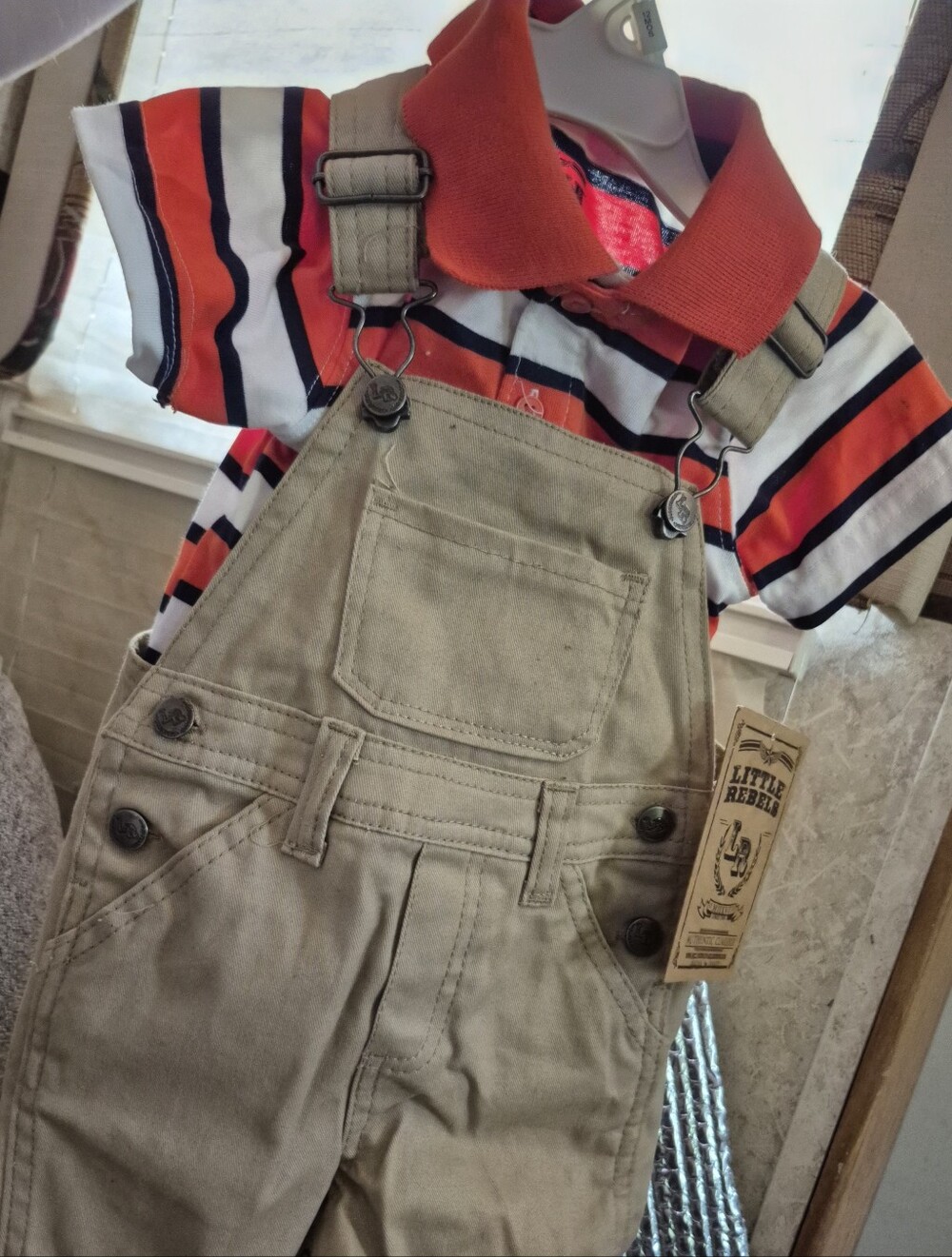 Khaki Overalls Set with Orange Stripe Polo